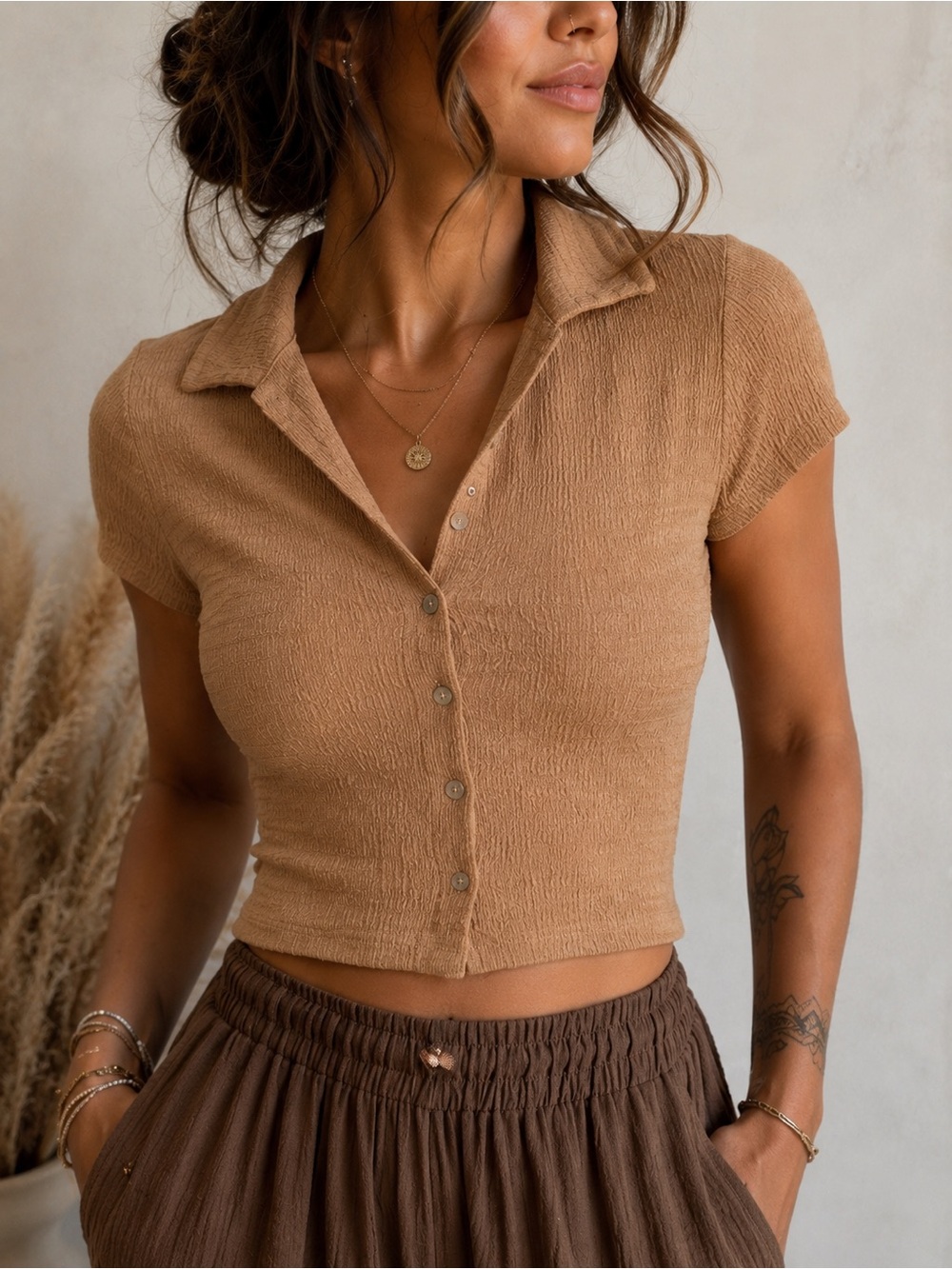 Double Zero Camel Textured Collared Crop Top